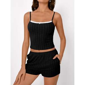 Trendy 2-Piece Queen <b>Women's</b> Summer Outfits Floral Lace Trim Cami Top & <b>Shorts</b> with Logo <b>Black</b> Pajama Sets & Loungewear - Product Image 1