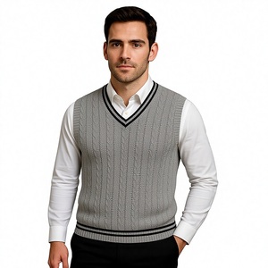 Gilet pull sans manches pour homme, style preppy, col en V, tricot torsadé, bordure à rayures contrastantes, décontracté, pour affaires, universitaire, cricket - Product Image 1