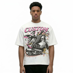 T-shirt blanc à manches courtes pour homme avec motif imprimé voiture, col rond, style streetwear, coupe classique, jersey de coton - Product Image 2