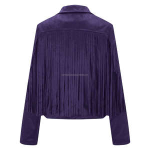 Purple Vintage Suede Fringe Tassel Crop Women's Breathable Autumn <b>Jackets</b> Boho <b>Western</b> Cowboy Style Long Sleeve Lapel Open Front - Product Image 6