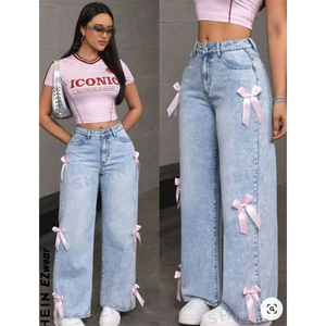 Venta al por mayor BEST ROCK 2026 Pantalones vaqueros de mezclilla lavados con lazo para mujer, estilo urbano, casuales, sueltos, rectos, largos, 100% algodón - Product Image 3