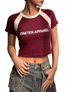 ONETEN APPAREL Camiseta Corta para Mujer, Color Granate y Blanco, Manga Raglán, Cuello Redondo, Manga Corta, Jersey de Algodón, Informal - Product Image 1