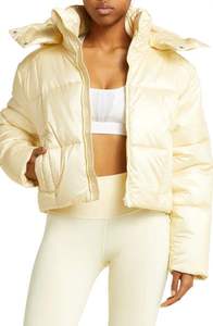 Women's Cream Quilted Hooded Winter <b>Jacket</b> Full Sleeve Short Length Polyester Wadding Zipper Closure - Product Image 4