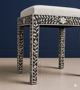 Modern Bone Inlay Wood Nightstand <b>Square</b> End <b>Table</b> <b>Side</b> <b>Table</b> with Upholstered Cushion Bedroom Furniture for Bedroom Entryway - Product Image 4