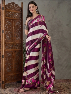 Sari de Mezcla de Seda con Estampado Floral Paisley y Estampado Geométrico Estilo Bollywood KV - Product Image 6