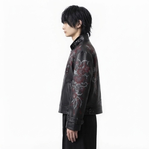 Chaqueta de cuero estilo punk para hombre con bordado floral y cadenas, corte regular, cuello vuelto, para otoño - Product Image 4