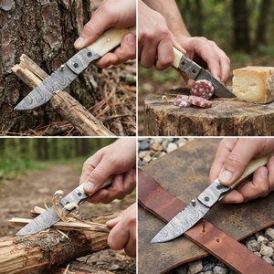 Hand Forged Damascus Steel <b>Folding</b> Pocket <b>Utility</b> <b>Knife</b> Bone Handle Celestial Engraved Straight Hunting Camping Outdoor Gift Men - Product Image 6