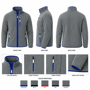 Veste polaire bordeaux unisexe en gros, manteau Sherpa à fermeture éclair intégrale, col montant, vêtement d'extérieur chaud en polaire avec bordure noire contrastante - Product Image 4