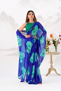 Sari indien traditionnel ethnique décontracté en mousseline de soie à imprimé floral pour un usage quotidien et des occasions festives pour femmes, tenue élégante et tendance - Product Image 2