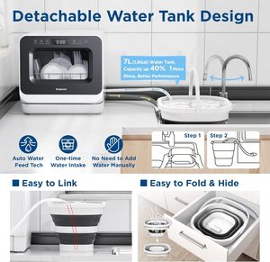 Lave-vaisselle portable de comptoir 7L avec réservoir d'eau amovible, 6 programmes de lavage, style normcore/minimaliste, matériau polyester, étanche - Product Image 6