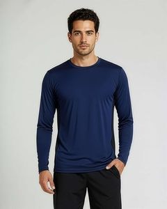 T-shirt à manches longues pour homme, col rond, couleur unie, séchage rapide, tricoté, sportif, coupe ajustée, longueur normale, polyester, gris, bleu, vert - Product Image 2