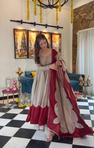Conjunto de Dos Piezas Indio-Pakistaní, Traje Anarkali de Seda de Color Sólido que Absorbe la Humedad, con Dupatta, para Fiestas, Bodas y Festivales - Product Image 1