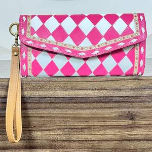 Ensemble de 2 pièces assorti : Sac fourre-tout en cuir à carreaux rose et blanc de luxe 2026 et pochette à main en cuir de vache travaillé à la main - Product Image 5