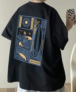 เสื้อยืดโอเวอร์ไซส์สีดำสำหรับผู้ชาย พิมพ์ลายคลื่นทะเลด้านหลัง ดีไซน์ลำลอง แขนสั้น คอกลม ผ้าฝ้ายเจอร์ซีย์ 100% ระบายอากาศได้ดี - Product Image 1