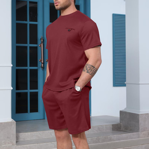 Ensemble de survêtement d'été pour homme à manches courtes, motif uni, deux pièces, short longueur genou, vêtements de sport, fitness, course à pied et gym - Product Image 4