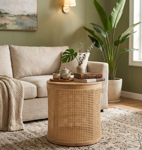 Round Solid Wood and Handwoven Natural Rattan Cane <b>Storage</b> <b>Side</b> <b>Table</b> with Removable Lid for Living Room Bedroom and Home Decor - Product Image 1