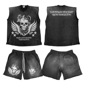 Ensemble débardeur et short pour homme à imprimé crâne, rouge et bleu, style urbain, respirant, en polyester, avec taille à cordon de serrage - Product Image 3