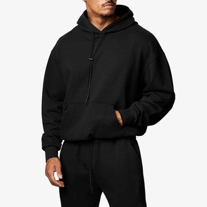 Sweat-shirt à capuche oversize pour homme, noir uni, en molleton de coton, coupe décontractée, avec poches, pour l'automne - Product Image 1