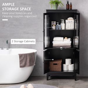 Mobiletto da Bagno Moderno Nero con 2 Vani Portaoggetti, Ante in Vetro Temperato, Ripiani Regolabili, in MDF e Metallo, per Hotel - Product Image 4