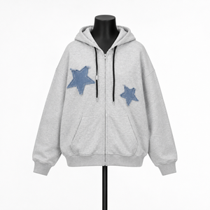 Sweat à capuche oversize zippé avec applique étoile en jean, unisexe, décontracté, en coton French Terry, pour l'automne - Product Image 1