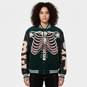 Custom Unisex Forest Green Skeleton Varsity <b>Jacket</b> Black Faux Leather Sleeves Rib Cage Bone Graphic Snap Button <b>Gothic</b> By SHH - Product Image 3
