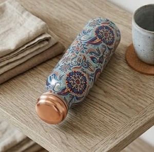 Traditional Indian Art Bottle Decorative Floral Pattern Copper Flask for Home Office Travel Gym Yoga Meditation Healthy Life - Product Image 1