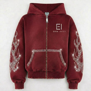 Sweat à capuche zippé pour homme personnalisé, bordeaux, style vintage, effet délavé, avec motif flamme en strass de cristal, bordure vieillie rouge vin, épais - Product Image 1