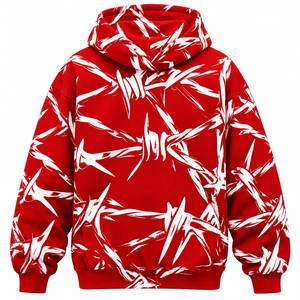 Sudadera con capucha para hombre con estampado de alambre de púas rojo, manga raglán, bolsillo canguro, estilo urbano - Product Image 2