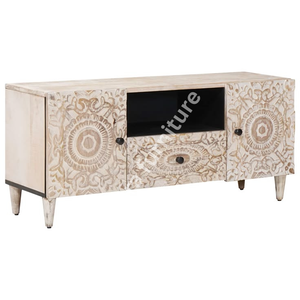 Luxury Handcrafted Solid Wood Entertainment Center Ornate Mandala Carving Whitewash <b>TV</b> Console - Product Image 2