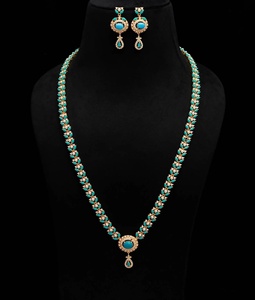 Wholesale Price 22K Gold Plated Long Turquoise <b>Necklace</b> Set Teal Stone South Indian Wedding Jewelry with Earrings - Product Image 1