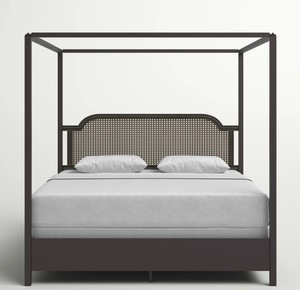Modern Wooden Canopy <b>Bed</b> <b>Frame</b> King Size Upholstered <b>Rattan</b> Headboard Black and Natural Bedroom Furniture - Product Image 2