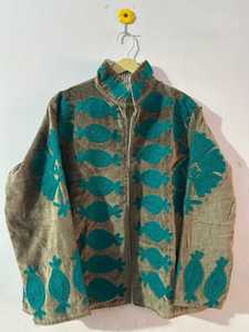 Hand Embroidered <b>Velvet</b> Suzani <b>Jacket</b> with Teal Floral Pattern Crew Neck Pullover Closure Boho Style Autumn Outerwear - Product Image 1