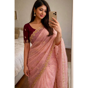 Sari en tissu twill doux et pur avec des broderies sur toute la surface du sari et un travail multi-détails. - Product Image 1