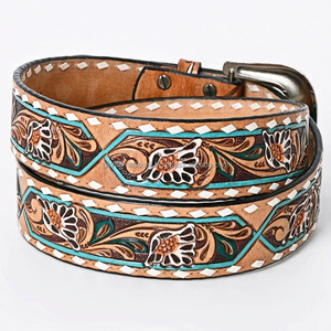 Cinturón de cuero occidental unisex de grano completo con diseño trenzado y tallado a mano de lujo, con elegante juego de hebillas de latón. - Product Image 2
