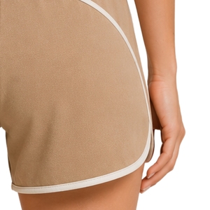 Khaki <b>Womens</b> Athletic Running <b>Shorts</b> With Contrast Piping <b>Elastic</b> Drawstring <b>Waist</b> Custom Sports Gym Fitness Training Casual - Product Image 3