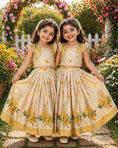 Elegant Look <b>Tissue</b> Silk with Printed Flower & Broad Golden Zari Border Pattu Pavadai Manufacturer from India At Wholesale Rate - Product Image 4