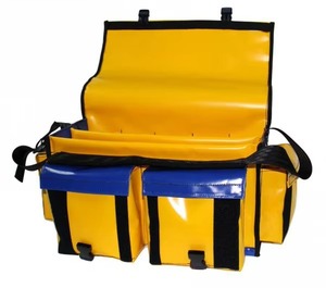 Yellow And Blue Multi-Pocket Tool Bag With Adjustable Straps And Organizer Pockets For Workshop Use - Product Image 1
