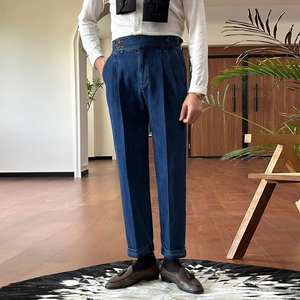 Pantalon de costume plissé LARSUR sur mesure, style italien Naples, en denim, coupe décontractée, sans plis, pour affaires - Product Image 1
