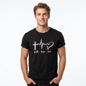 เสื้อยืดแขนสั้นผู้ชายพิมพ์ลาย Faith Hope Love Cross Heart ผ้าฝ้าย 100% ทรงปกติ คอกลม ระบายอากาศได้ดี เป็นมิตรกับสิ่งแวดล้อม - Product Image 3