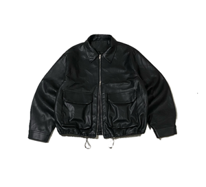 <b>Men's</b> Black Wrinkled Leather <b>Jacket</b> Point Collar Double Flap Pockets Drawstring Hem Oversized Streetwear Zip up Coat - Product Image 1