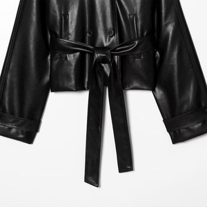 Gabardina de Cuero Sintético para Mujer, Cuello Vuelto, Manga Larga, Cinturón, Chaqueta Corta, Estilo Envolvente y con Lazo, Color Sólido, para Otoño - Product Image 6
