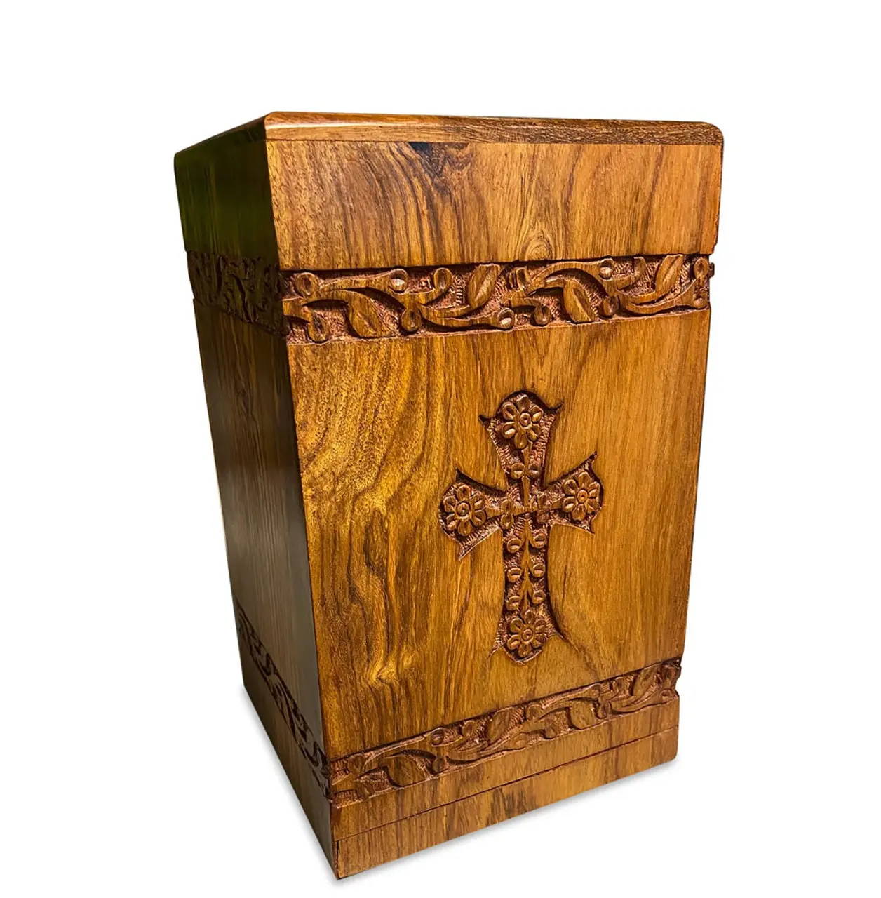 Funerals Accessories American Cremation Urns Engraved Cross Sign Wood Funeral Luxury Handmade Customized Logo Print Acceptable