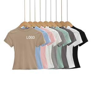 Camiseta de algodón puro con cuello redondo para mujer, novedad 2026, top de manga corta con logo personalizado, top de punto a rayas con hombros descubiertos, camisa de otoño. - Product Image 1