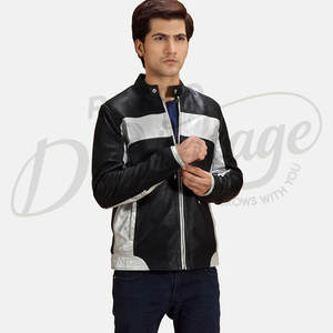 Veste en cuir noire et argentée de qualité supérieure pour homme, en peau de mouton véritable, coupe ajustée, style café racer, veste de moto tendance - Product Image 1