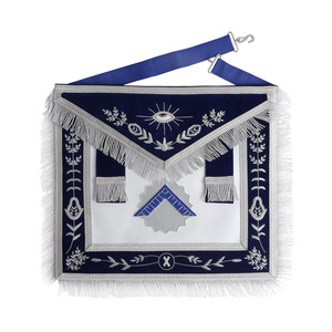 Tablier de Maître de Loge Personnalisé Brodé à la Main, en Cuir/Vernis de Mouton Bleu Marine avec Franges Argentées - Product Image 1
