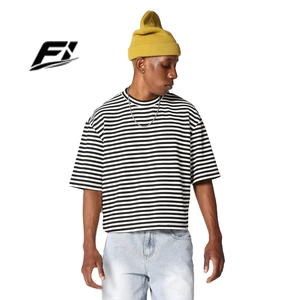Camisetas Cortas de Alta Calidad para Hombre, a Rayas, 100% Algodón, Manga Corta, Corte Holgado, Transpirables, Ropa Urbana Personalizada al por Mayor, Estilo Americano - Product Image 1