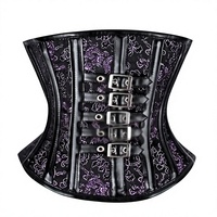 Corset pour femme en similicuir noir avec broderie florale noire et violette, boucle argentée sur le devant, sous-bustier sculptant, à baleines en acier
