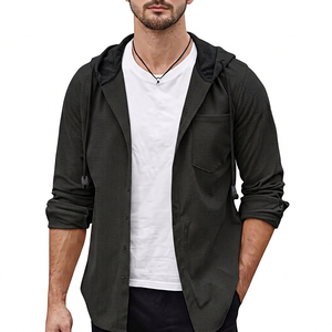 Men Hooded Woven Cotton Casual <b>Cardigan</b> Solid Color Breathable Regular Fit Summer Outerwear - Product Image 6