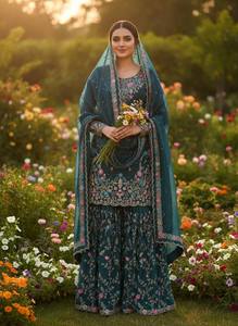 ชุดสูทผ้าไหม Sharara JMC แบบปักลายสุดหรูพร้อม Anarkali Kurta และ Dupatta ดีไซเนอร์ - Product Image 1