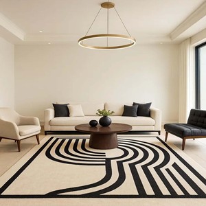 Modern Black Beige Abstract Area Rug Geometric Line Pattern Hand Tufted Carpet Contemporary Living Room Bedroom <b>Floor</b> Decor Mat - Product Image 2